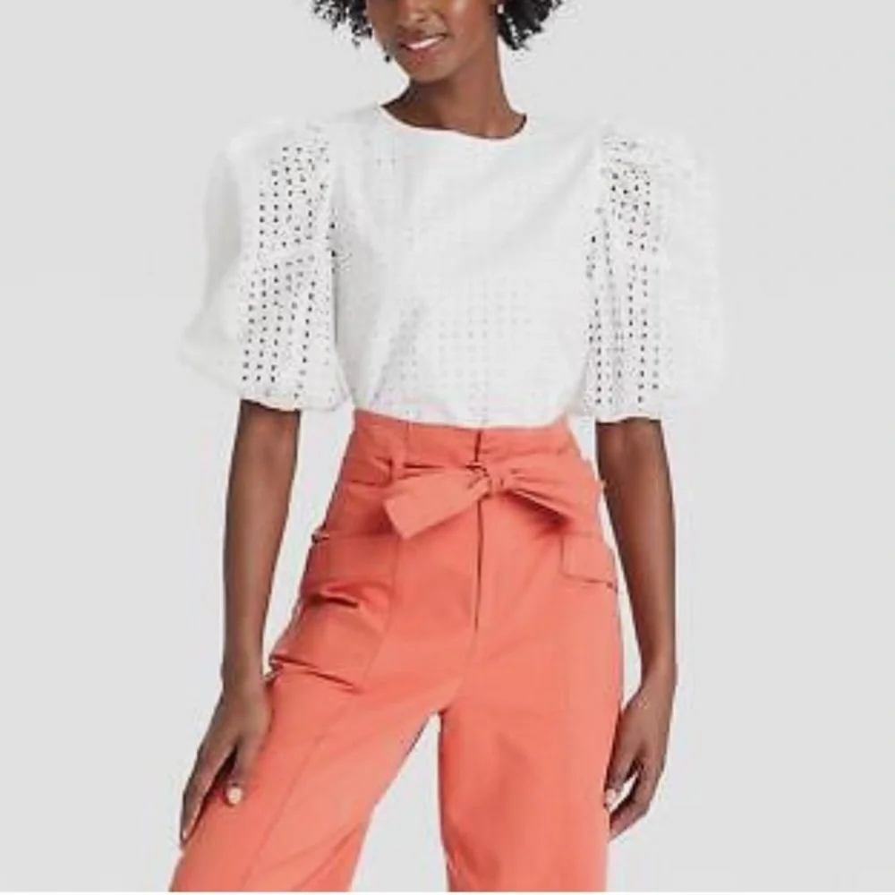 A New Day Women's Short Puff Sleeve Eyelet Top- White